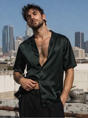 ZARA Dark Emerald Green Viscose Camp Collar Shirt XL Relaxed Minimal